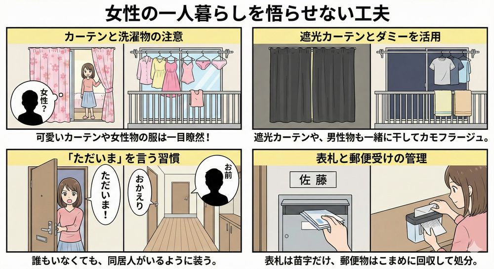 【一人暮らしの自宅】「女性の一人住まい」を悟らせない カーテンと洗濯物の工夫 可愛らしいピンクや花柄のカーテンは、外から見ると女性の部屋だと一目瞭然です。遮光カーテンや、中が見えにくいミラーレースカーテンを選びましょう。また、下着はもちろん、女性物の服は極力「部屋干し」にし、外に干す際は男性物の衣類（ダミー）を一緒に干すなどのカモフラージュも有効です。 「ただいま」を言う習慣 帰宅して玄関を開ける際、誰もいなくても「ただいま！」と声を出すことで、室内に同居人がいるように装うことができます。 表札と郵便受け 表札は苗字だけにするか、出さないのが無難です。郵便受けに郵便物が溜まっていると「不在がち」や「管理が甘い」と思われます。こまめに回収し、個人情報が書かれた郵便物はシュレッダーにかけてから捨てましょう。