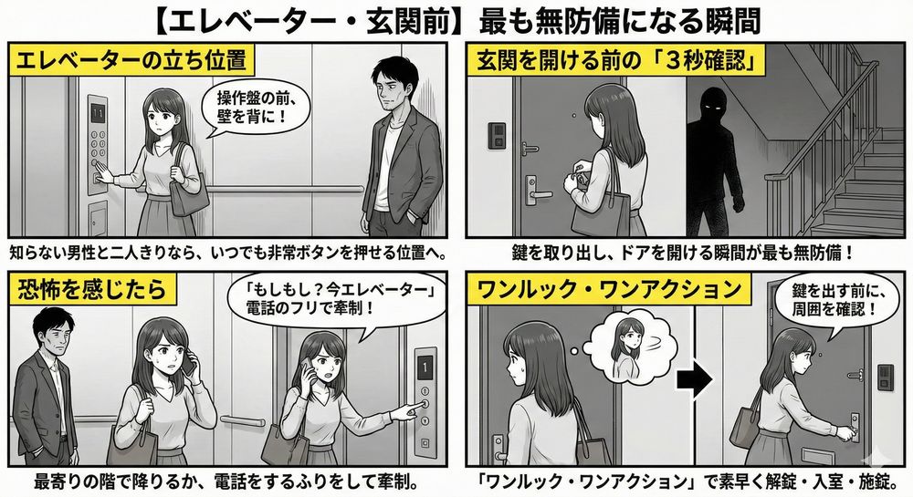 【エレベーター・玄関前】最も無防備になる瞬間 エレベーターの立ち位置 知らない男性と二人きりになった場合は、いつでも非常ボタンを押せるよう操作盤の前に立ち、背中を壁に向けましょう。恐怖を感じたら、最寄りの階で降りるか、電話をするふりをして相手を牽制してください。 玄関を開ける前の「3秒確認」 鍵を取り出し、ドアを開ける瞬間が最も無防備です。鍵を出す前に周囲（特に背後や階段の陰）を見回し、不審者がいないか確認してから素早く解錠・入室・施錠しましょう。これを「ワンドア・ツーロック」ならぬ「ワンルック・ワンアクション」と呼びます。