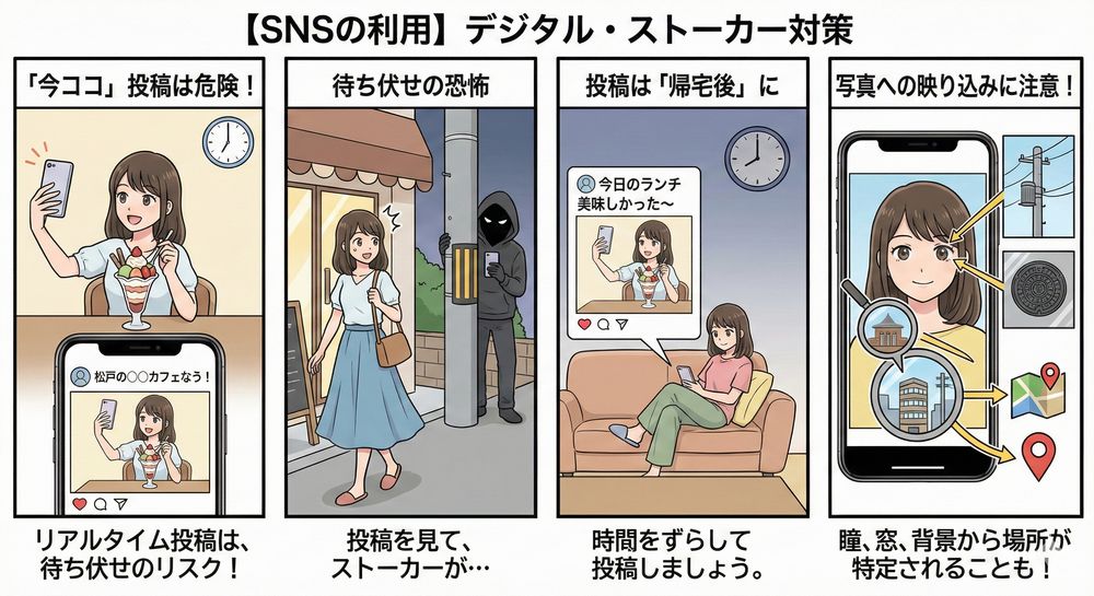 【SNSの利用】デジタル・ストーカー対策 「今ココ」投稿を避ける 「〇〇カフェにいます」というリアルタイムの投稿は、待ち伏せされるリスクがあります。画像は帰宅後に投稿するなど、時間をずらしましょう。 写真への映り込みに注意 瞳の中の景色、窓ガラスの反射、背景の電柱やマンホールから場所が特定されることがあります。松戸市内の特徴的な建物や、自宅からの景色を安易にアップしないよう注意が必要です。