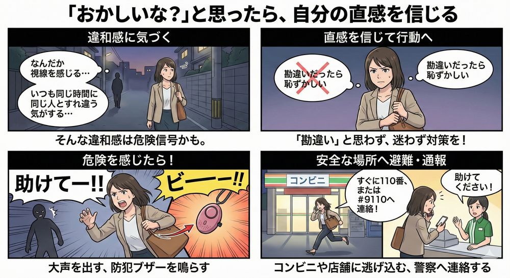 「おかしいな？」と思ったら、自分の直感を信じる 「なんだか視線を感じる」「いつも同じ時間に同じ人とすれ違う気がする」。 そんな違和感を持ったら、それは危険信号かもしれません。「勘違いだったら恥ずかしい」と思わず、迷わず対策を取りましょう。 身の危険を感じたら大声を出す、防犯ブザーを鳴らす コンビニや店舗に逃げ込む すぐに110番、または警察相談電話（#9110）へ連絡する