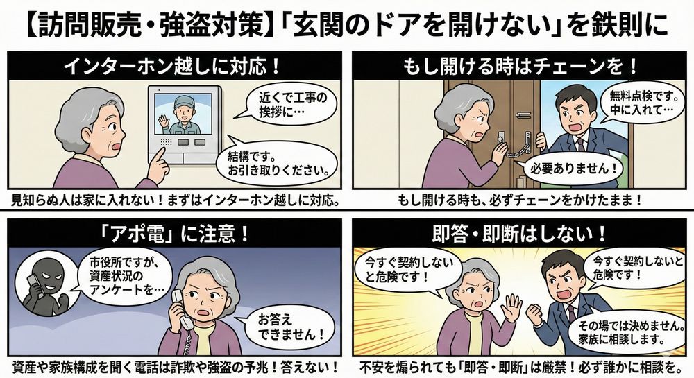 【訪問販売・強盗対策】「玄関のドアを開けない」を鉄則に インターホン越しに対応し、ドアを開けない 「屋根が壊れているのが見えた」「近所で工事をするので挨拶に」といった訪問があっても、まずはチェーンをかけたまま、あるいはインターホン越しに対応してください。見知らぬ人を家に入れてはいけません。 「アポ電（予約電話）」に注意 強盗に入る前、犯人は「資産状況」や「家族構成」を確認するために電話（アポ電）をかけてくることがあります。「アンケート」や「市役所の調査」を装った不審な質問には一切答えないでください。 「即答・即断」はしない 「今すぐ直さないと危ない」と不安を煽られても、その場で契約や支払いをしないでください。必ず家族や信頼できる知人に相談し、複数の業者から見積もりを取るようにしましょう。