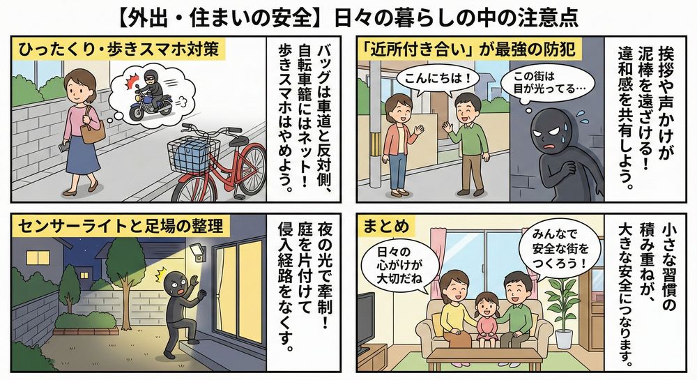 【外出・住まいの安全】日々の暮らしの中の注意点 ひったくり・歩きスマホ対策 バッグは車道と反対側に持つ、自転車の籠には防犯ネットをつけるといった基本を徹底しましょう。 「近所付き合い」が最強の防犯 泥棒が最も嫌うのは、近隣住民の「目」です。日頃から近所の人と挨拶を交わし、「今日は見慣れない車が止まっているな」といった違和感を共有できる関係性が、街全体の防犯力を高めます。 センサーライトと足場の整理 夜間に庭先が明るくなるセンサーライトは、不審者への強い牽制になります。また、庭に脚立などを出しっぱなしにしていると、2階への侵入口を作ってしまうことになるため、整理整頓を心がけましょう。