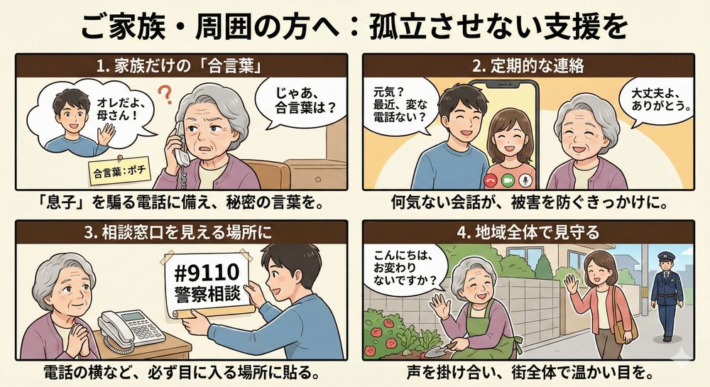 ご家族・周囲の方へのお願い：孤立させない支援を 「合言葉」を決めておく 「息子」を名乗る電話に騙されないよう、家族間だけの合言葉を決めておくのが有効です。 定期的な連絡 「最近、変な電話なかった？」という何気ない一言が、被害を未然に防ぐきっかけになります。 相談窓口を共有する 松戸警察署や松戸東警察署の番号、警察相談専用ダイヤル（#9110）を、電話の横など目につく場所に貼っておいてあげてください。