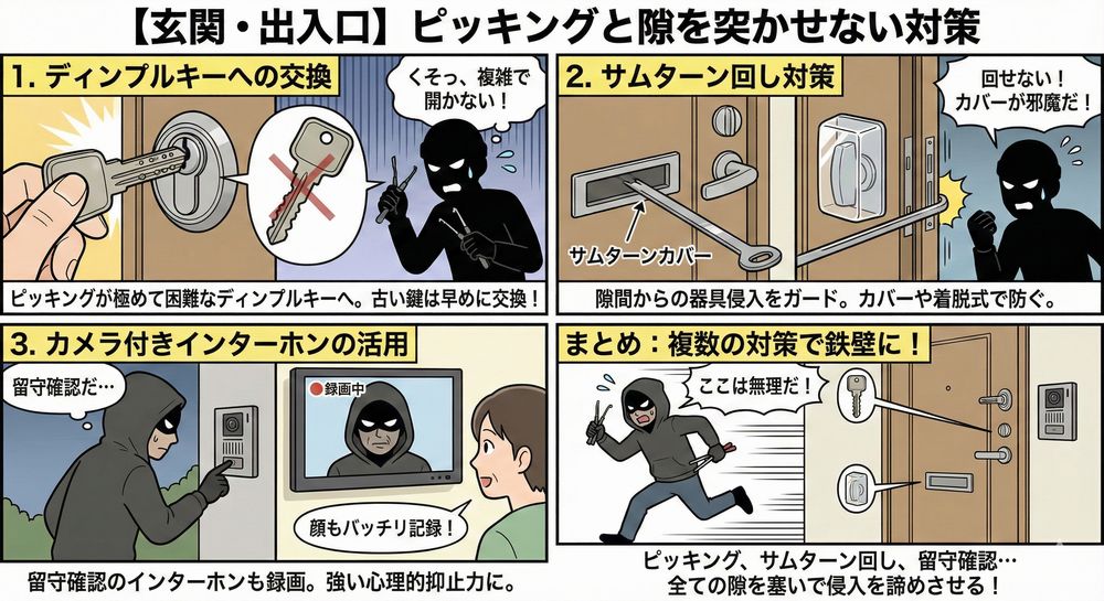 「玄関・出入口」の対策：ピッキングと隙を突かせない ディンプルキーへの交換 表面に複雑な窪みがあるディンプルキーは、従来の鍵に比べてピッキングが極めて困難です。古いタイプの鍵（ディスクシリンダー錠など）を使用している場合は、早めの交換を推奨します。 サムターン回し対策 ドアの隙間や郵便受けから道具を入れ、内側のつまみ（サムターン）を回す手口です。サムターンカバーを取り付けるか、着脱式のサムターンに変更することで防げます。 カメラ付きインターホンの活用 犯人は事前に「留守確認」のためにインターホンを押すことが多いです。録画機能付きであれば、不審者の顔を記録できるだけでなく、犯人に対する強い心理的抑止力になります。