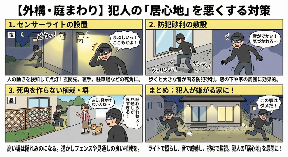 「外構・庭まわり」の対策：犯人の「居心地」を悪くする センサーライトの設置 人の動きを検知して点灯するライトは、夜間の侵入者にとって最大の脅威です。玄関先だけでなく、死角になりやすい家の裏手や駐車場にも設置しましょう。 防犯砂利の敷設 歩くと「ジャリジャリ」と大きな音がする防犯砂利は、聴覚的な防犯として非常に効果的です。特に窓の下や家の周囲に敷くのが定石です。 死角を作らない植栽・塀 高い塀や生け垣はプライバシーを守りますが、一度侵入されると外からの視線を遮る「絶好の隠れみの」になってしまいます。適度に透かしを入れたフェンスや、見通しの良い高さの植栽を心がけましょう。
