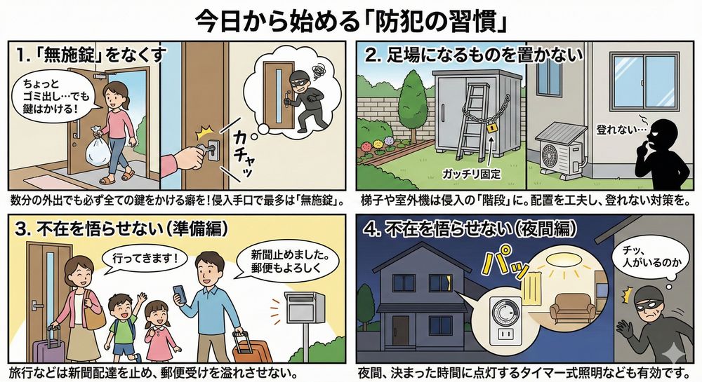 今日から始める「防犯の習慣」 「無施錠」をなくす 意外にも、侵入手口で最も多いのは「無施錠」の場所からの侵入です。ゴミ出しや近所への買い物など、数分の外出でも必ず全ての鍵をかける癖をつけましょう。 足場になるものを置かない 庭に放置された梯子やエアコンの室外機、物置などは、2階へ侵入するための「階段」として利用されます。配置を工夫するか、容易に登れないように対策をしましょう。 不在を悟らせない 旅行などで長期間不在にする際は、新聞の配達を止め、郵便受けが溢れないようにしましょう。夜間、決まった時間に点灯するタイマー式照明なども有効です。