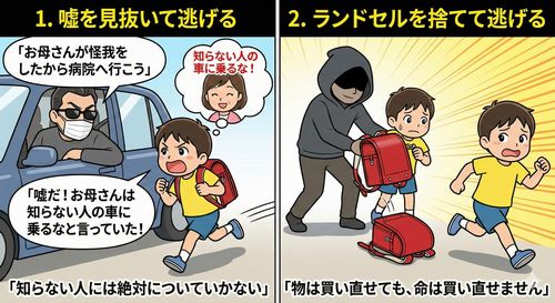 Q. 「お母さんが怪我をしたから病院へ行こう」と言われたら？ A. 「嘘だ！お母さんは知らない人の車に乗るなと言っていた！」と言って逃げる。 Q. ランドセルを掴まれたら？ A. ランドセルを捨てて、身軽になって全速力で逃げる。（物は買い直せても、命は買い直せません）
