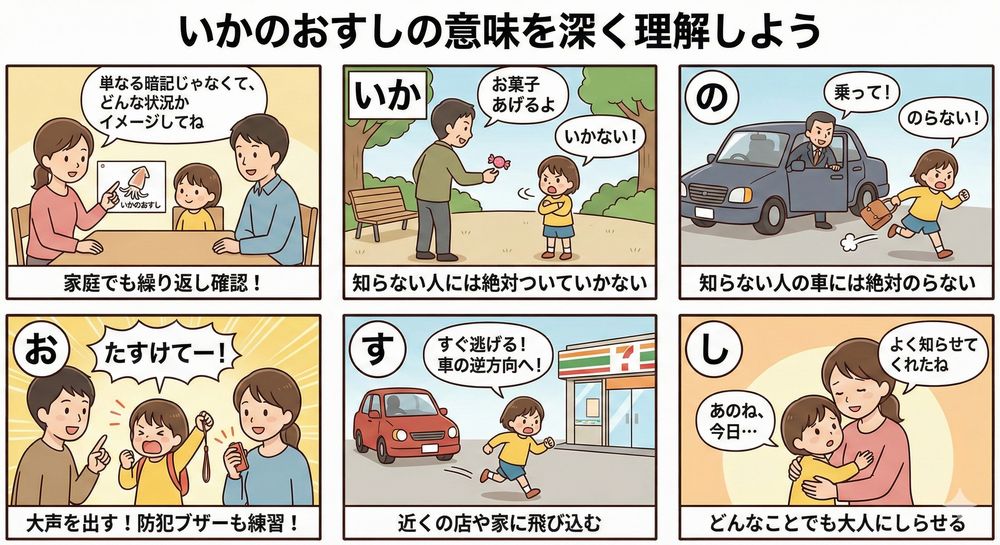学校や幼稚園でも教わりますが、家庭でも繰り返し確認し、意味を深く理解させることが重要です。単なる暗記ではなく、「どんな状況か」をイメージさせましょう。 「いか」… 行かない 知らない人についていかない。「お菓子をあげる」「病院へ連れて行ってあげる」「道案内をして」など、言葉巧みな誘いには絶対に乗ってはいけません。 「の」… 乗らない 知らない人の車には絶対のらない。無理やり乗せられそうになったら、荷物を捨ててでも逃げるよう教えてください。 「お」… 大声を出す 「助けて！」とおおごえを出す。怖いと声が出ないこともあるので、防犯ブザーを鳴らす練習とセットで行います。 「す」… すぐ逃げる すぐに逃げる。逃げる時は、車の進行方向と「反対」へ走る、または近くの店や家に飛び込むこと。 「し」… 知らせる どんなことがあったか、すぐに大人にしらせる。些細なことでも話して良いという信頼関係を築くことが大切です。