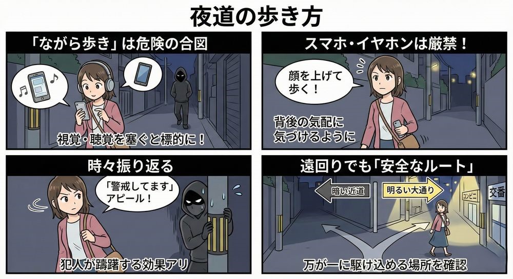 【夜道の歩き方】「ながら歩き」はターゲットへの合図 「ながらスマホ」「イヤホン」は厳禁 スマホを見ながら、音楽を聴きながらの歩行は、視覚と聴覚を塞いでいる状態です。背後から近づく足音や自転車の気配に全く気づけず、犯人にとって「格好の標的」となります。夜道ではスマホをしまい、顔を上げて歩きましょう。 「時々振り返る」ことの重要性 誰かにつけられている気がしなくても、時々後ろを振り返る動作をしましょう。これには「周囲を警戒しています」というアピール効果があり、犯人が犯行を躊躇する要因になります。 遠回りでも「安全なルート」を選ぶ 「距離が近い暗い道」より「遠回りでも明るい大通り」を選んでください。万が一の時に駆け込める「コンビニ」や「交番」、「こども110番の家」がルート上にあるか確認しておきましょう。