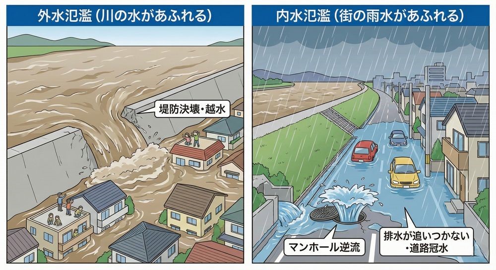 外水氾濫と内水氾濫の違い