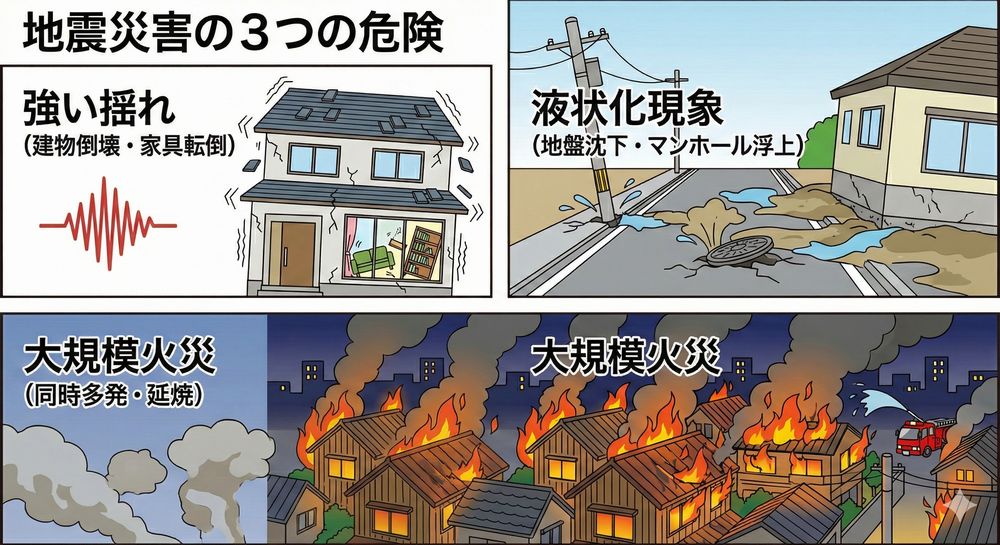 地震災害の3つの危険（強い揺れ・液状化現象・大規模火災）