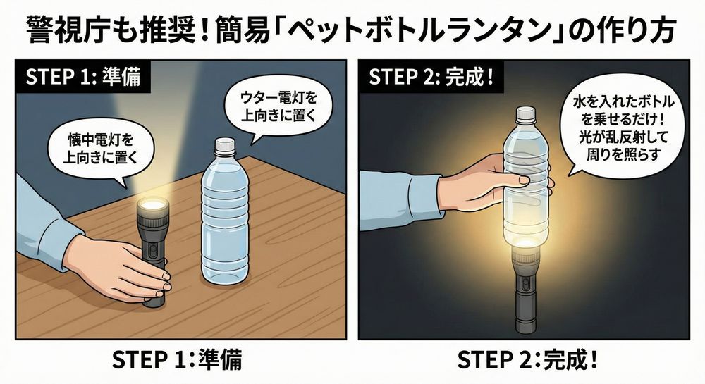 ペットボトルランタンの作り方（懐中電灯＋水ボトル）