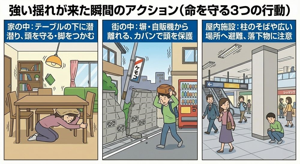 強い揺れが来た瞬間のアクション