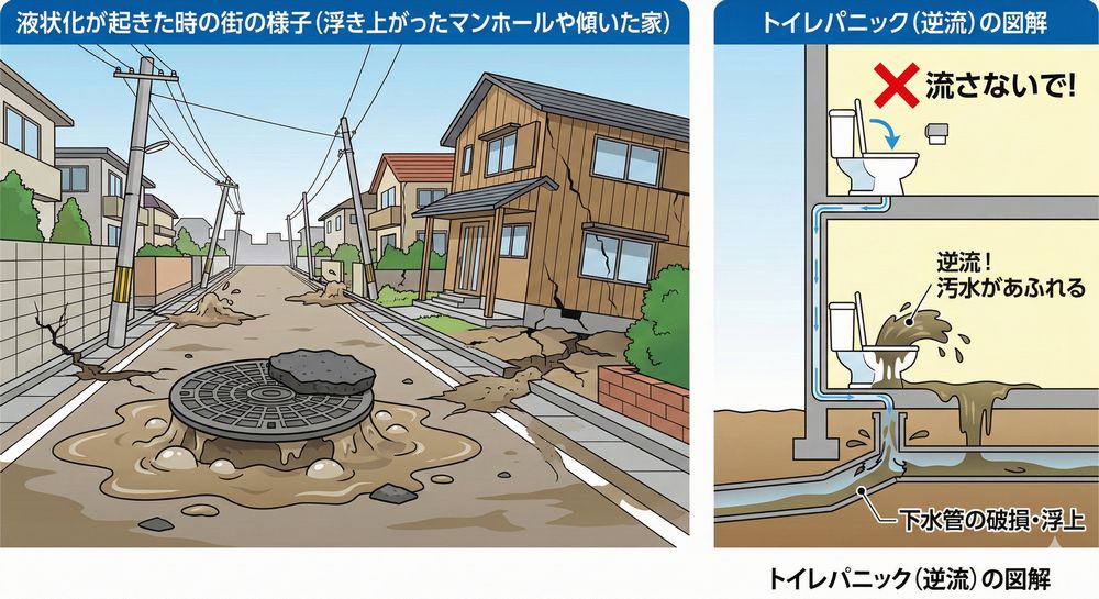 「液状化が起きた時の街の様子」と「トイレパニック（逆流）」