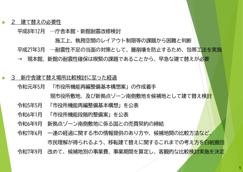市役所新庁舎建て替え場所比較検討結果表