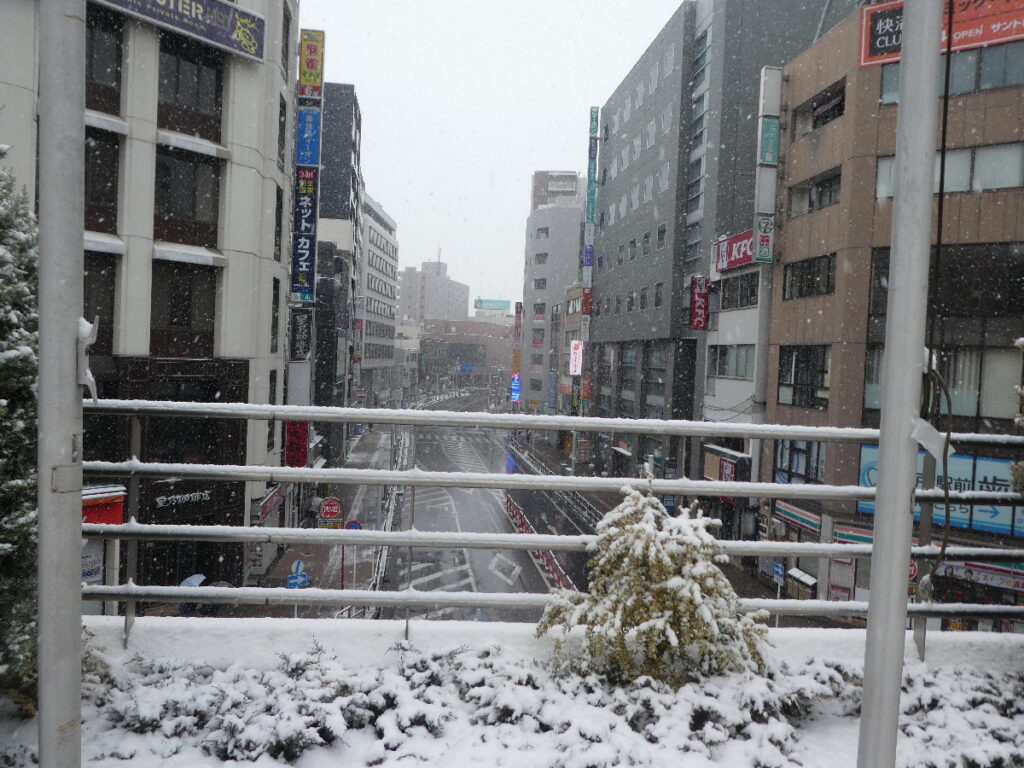 雪の松戸駅前