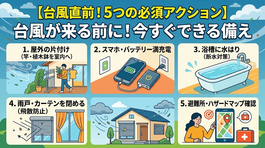 【台風直前！5つの必須アクション】